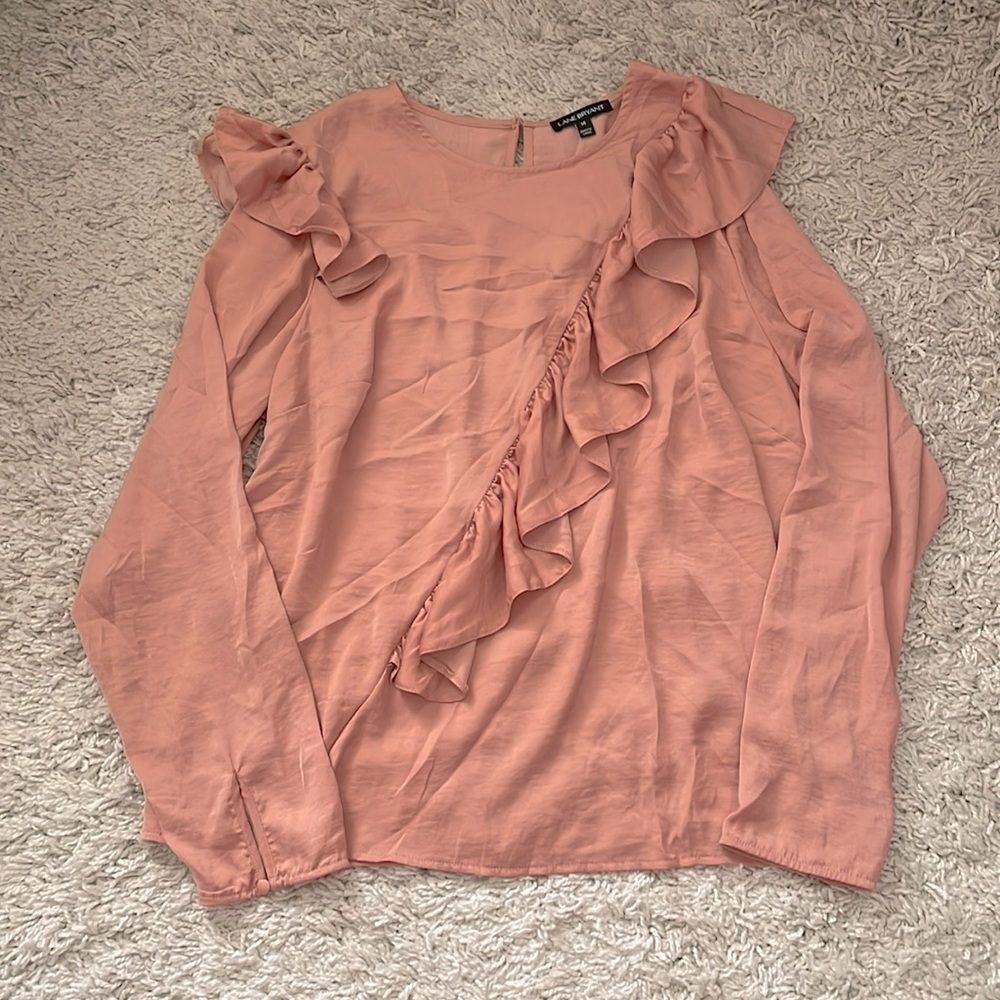 Lane Bryant Shimmery Rose Gold L/S Ruffle Detail Blouse, size 14